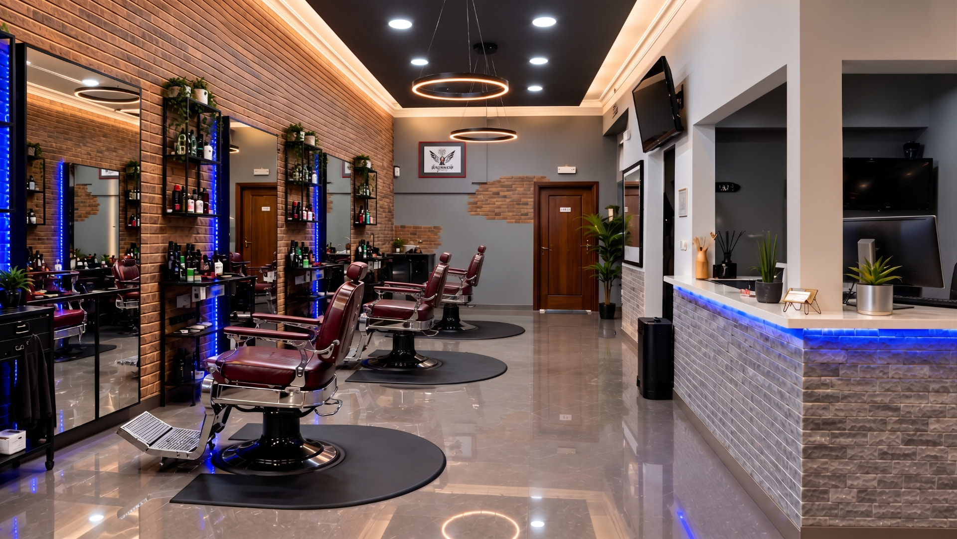 The brick walls, classic barber chairs and contemporary interior of Cascais Barbershop